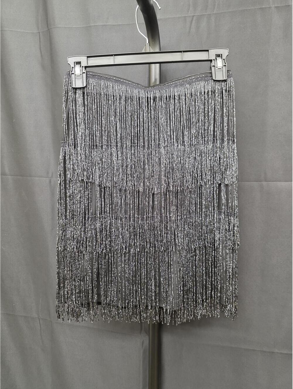 MANER WOMEN’S SPARKLY FRINGE TASSEL BODYCON MINI SKIRT BLACK SIZE XS